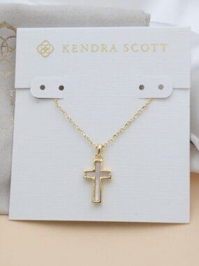 NEW Kendra Scott Cross Gold White Lab Grown Opal Necklace
